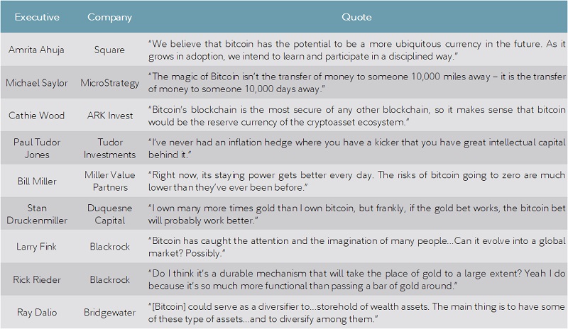 Table showing different investors and their reasons for supporting bitcoin or making a bitcoin allocation.